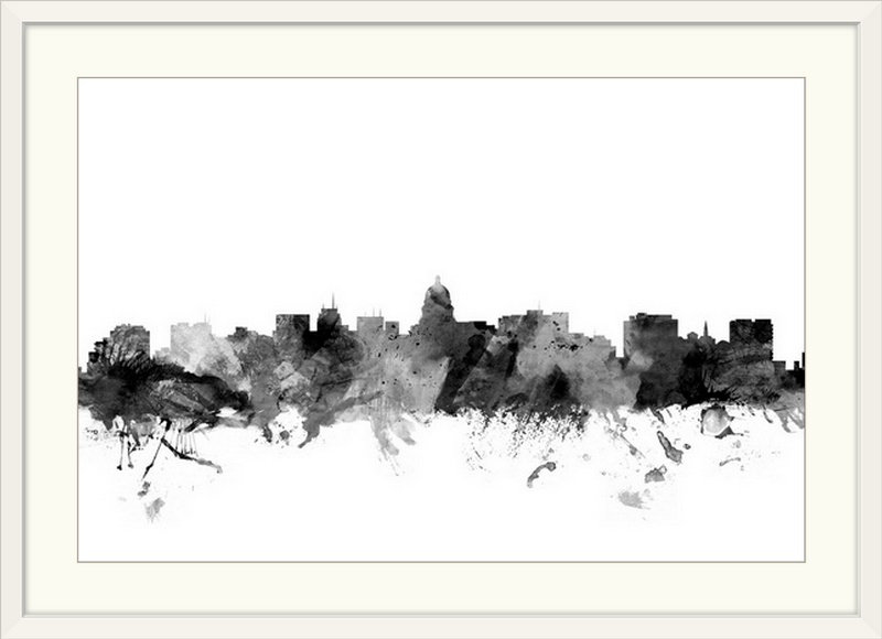 «Francy Madison Wisconsin Skyline» par Michael Tompsett, impression, Cadre blanc, H 20 po x l 26 po x P 1 po