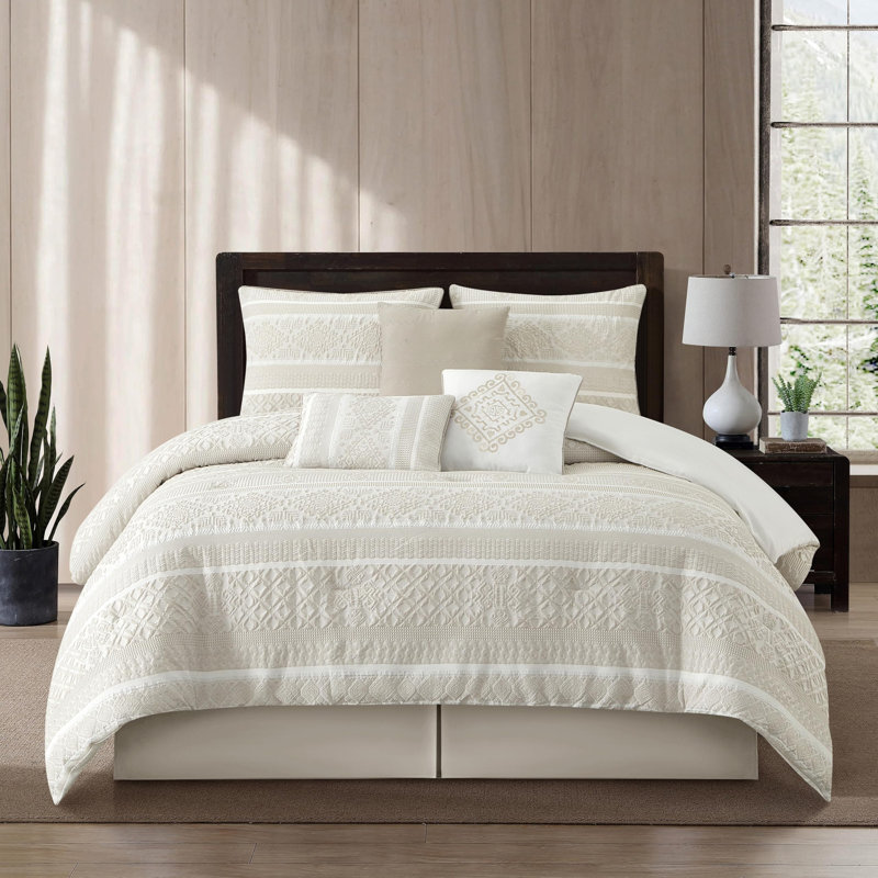 Ilaria 7 Piece Beige Jacquard Comforter Set, Beige, King Comforter + 6 Additional Pieces