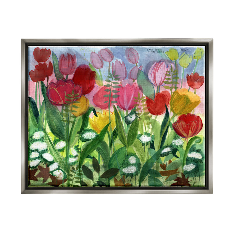 «Lush Varied Spring Tulip Blooming Flower Meadow», peinture sur toile à cadre flottant, H 17 po x l 21 po x P 1,7 po