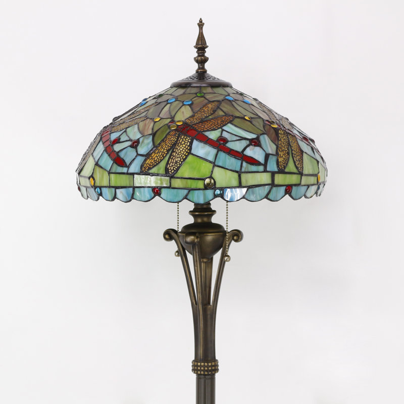Tiffany Floor Lamp Green Red Stained Glass Dragonfly Standing Reading Light 16X16X70 Inches Antique Pole Corner Lamp Decor Bedroom Office Living Room