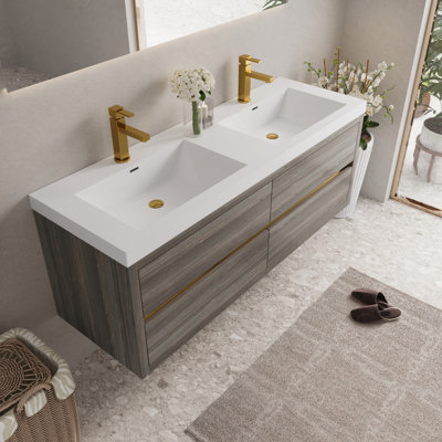 Meuble-lavabo mural 60 po avec lavabo double, meuble de rangement flottant pour salle de bain avec comptoir en résine de pierre et tiroirs à fermeture en douceur, gris cendré 