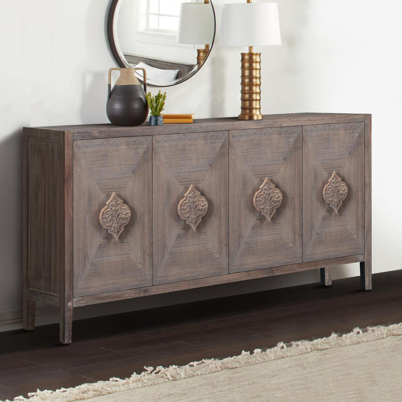 Antique Brown Carved Wood Four-Door Sideboard