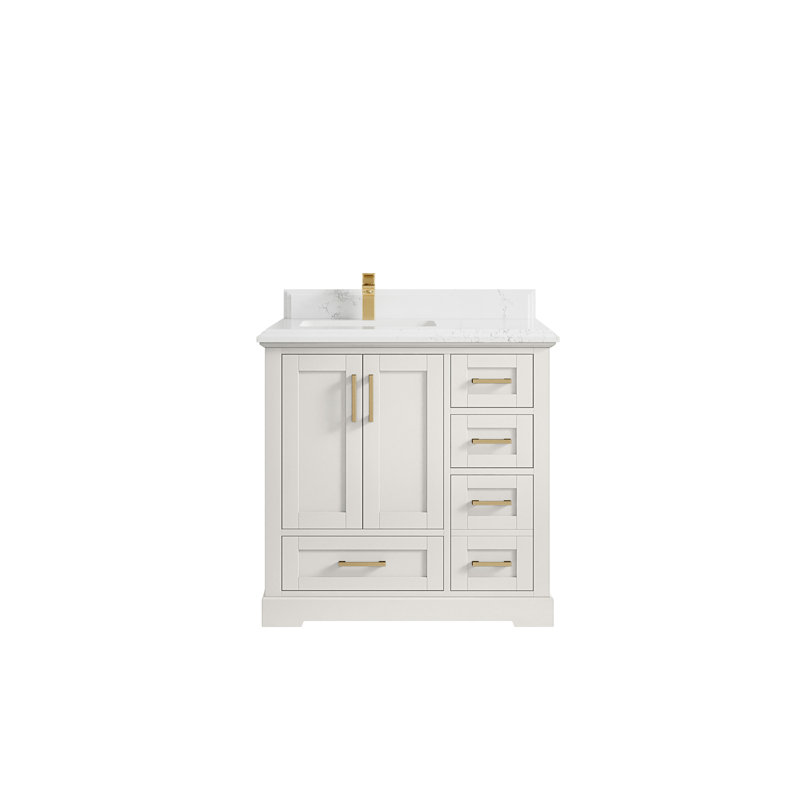 Boston 36 In. W X 22 In. D Left Offset Sink Bathroom Vanity In Alabaster With Cove Edge Quartz, Empira