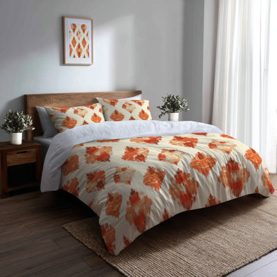Country Farmhouse Bedding Set Of 3 - Classic Farmhouse Orange And Beige Clay Ikat Duvet Cover And Throw Pillow Set