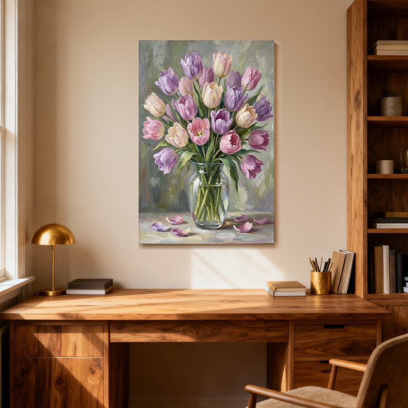 Tulipes de la Saint-Valentin dans un vase aux couleurs pastel douces, H 48 po x l 32 po