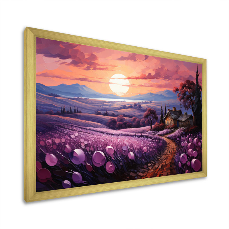 Paysage campagne lavande patchwork I, H 24 po x l 32 po x P 1 po, Encadrement doré
