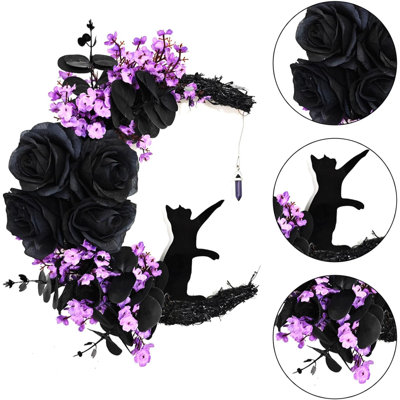 Couronne d'Halloween - Décoration de porte avec chat noir et lune, illuminée, idéale pour une fête intérieure ou extérieure. Design unique en forme de croissant de lune. Décoration parfaite pour votre porte d'entrée (mauve).