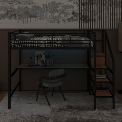Full Size Metal Loft Bed With Desk, Storage Staircase,Small Wardrobe And LED Light