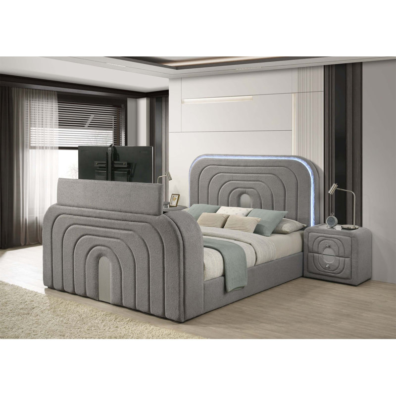 Lit luxueux avec éclairage à DEL intégré, meuble télé, foyer et fonctionnalité Bluetooth pour une expérience de chambre à coucher inégalée