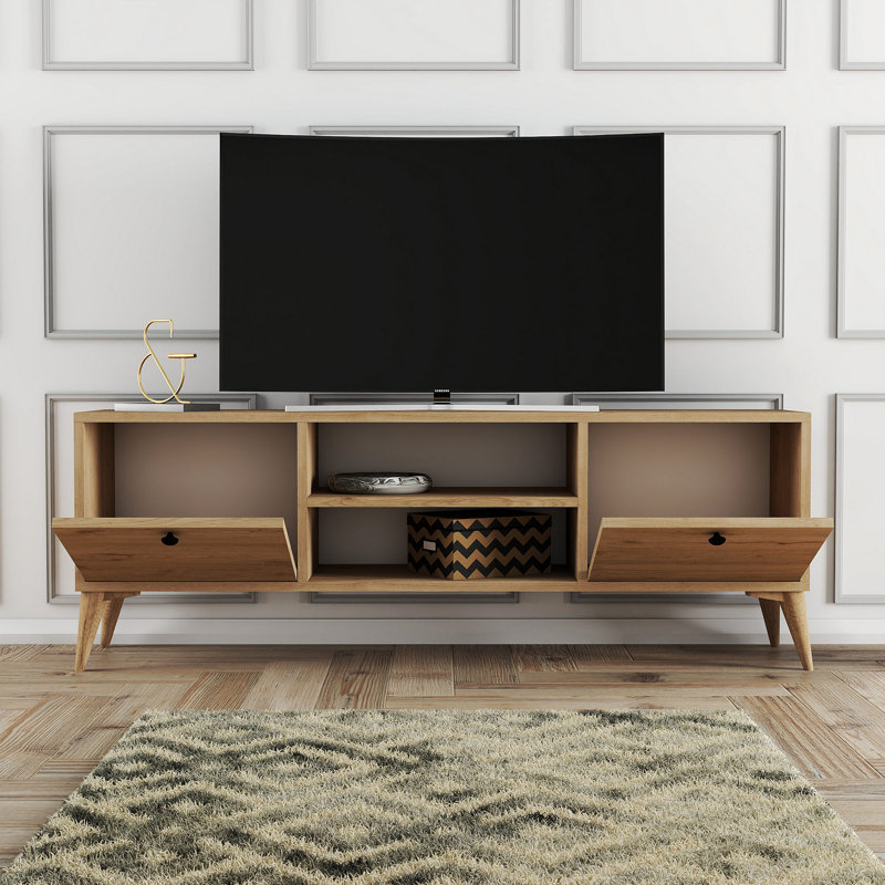 Modern Scandinavian TV Stand, Oak Color, 54.3 x 16.8 x 11.6 inches | 100% Melamine Coated Particle Board, Thickness: 0.7 inches | Features Plastic Legs, Numerous Shelves, Wall-Mountable Design for Stylish Living Room