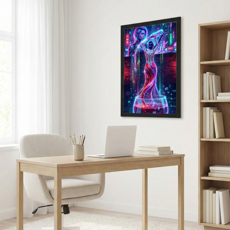 Tableau mural sur toile représentant une femme cyberpunk néon aux circuits lumineux (lot de 1), H 24 po x l 16 po