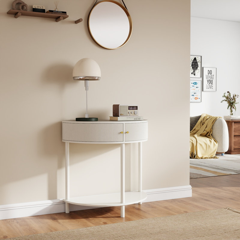 Console demi-lune crème, table de bout demi-lune à motif de vagues Artisan avec 2 tiroirs de rangement et tablette inférieure pour le hall d'entrée, le salon et la chambre à coucher