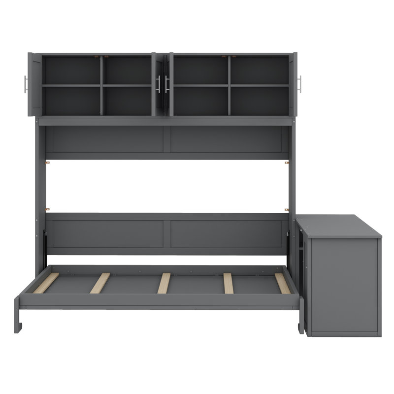 Lit escamotable avec bureau, tablettes de rangement et grandes armoires, Gris