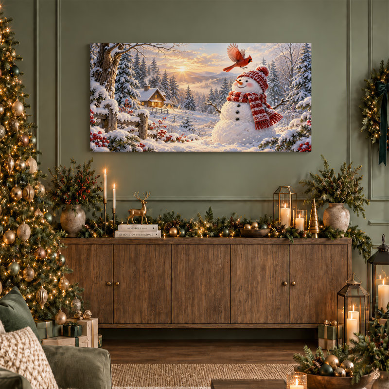 " Snowman With Red Cardinal Bird In Snowy Winter Christmas ", 20"W x 10"H