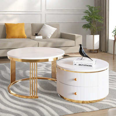 Table basse gigogne moderne 2 pièces avec 2 tiroirs et pieds dorés