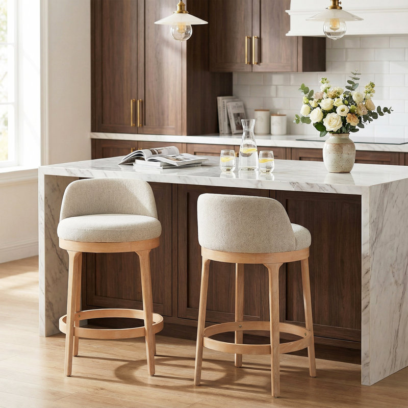 Tabouret de comptoir avec dossier ergonomique Elio, Siège beige / structure naturelle, 2