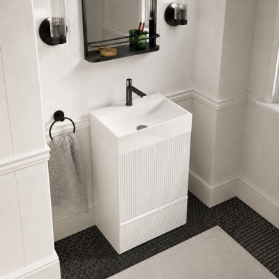 Meuble-lavabo moderne autoportant de 20 po, armoire rayée vert sauge avec cuve en céramique blanche, robinet et drain non inclus, KD