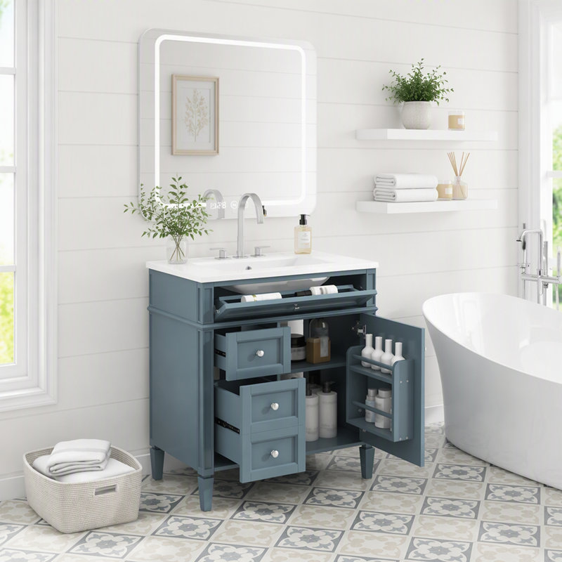 Meuble-lavabo de 76 cm avec lavabo en céramique, meuble autoportant avec 2 tiroirs et un tiroir basculant, structure en bois massif et MDF, style rétro, beige