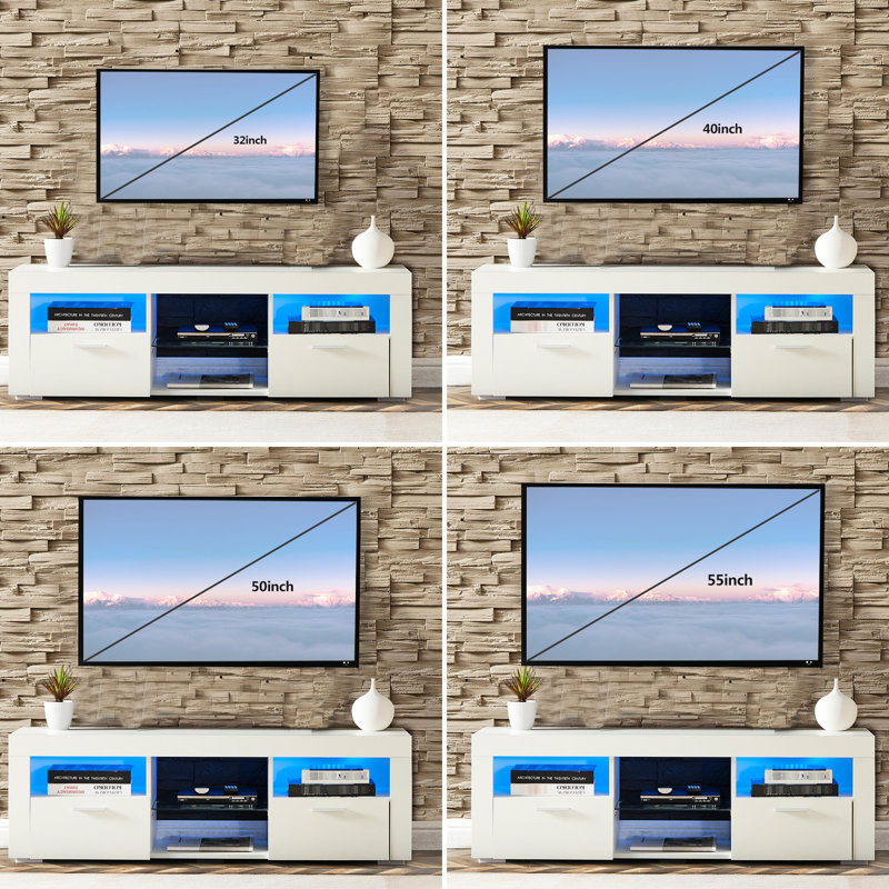 Meuble télé blanc avec DEL - 2 compartiments pour l'organisation 51L * 14W * 16H pouces, convient aux armoires de salon de 55 pouces au design rétroéclairé, à la chambre à coucher et à la télécommande