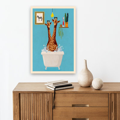 Giraffes Bubble Bath Playful Surreal Whimsical Giraffe Zebra Wall Art Print 1 Piece Wrapped Canvas Wall Art