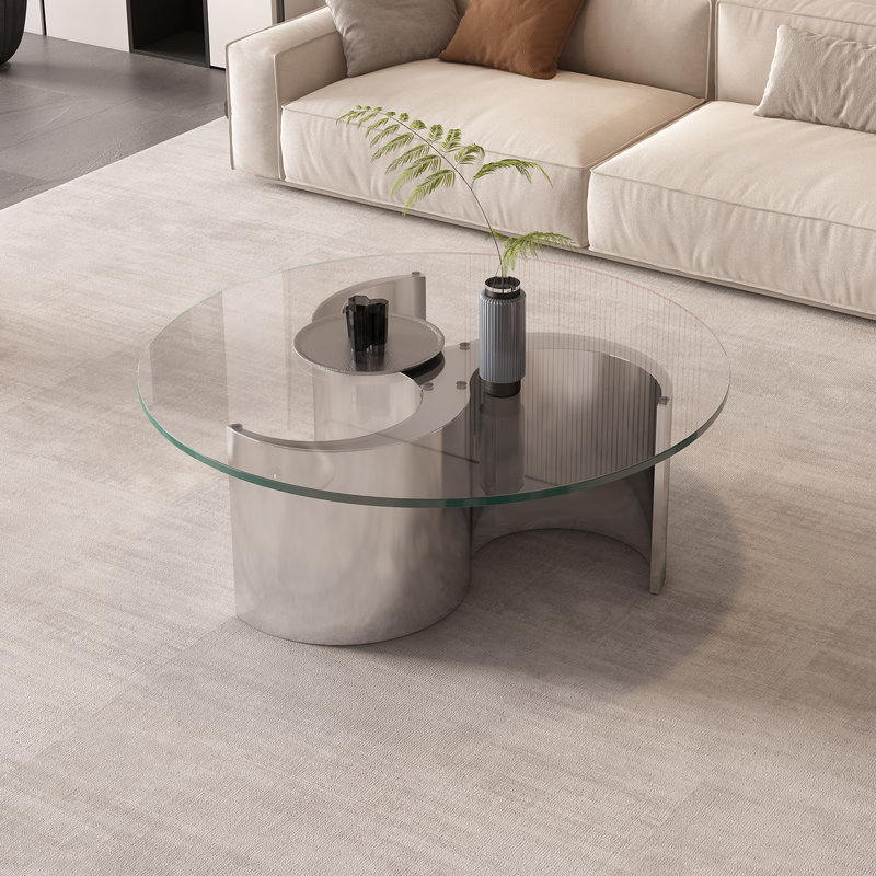 Table basse Italian Luxury, H 16,5 po x L 35,4 po x l 35,4 po, Plateau transparent / base argentée