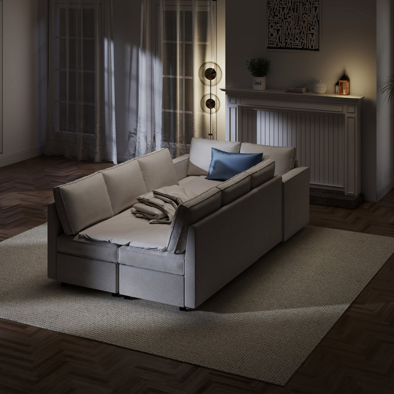  Bermea 6-Piece U-Shaped Soft Fabric Cushion Back Modular Sectional With Under-Seat Storage, Almond Haze Polyester Blend