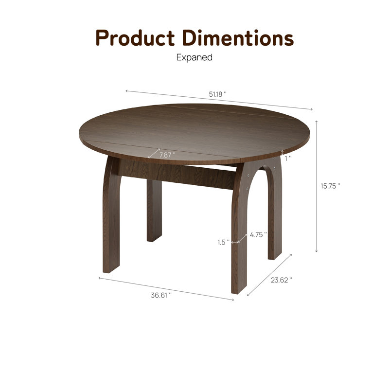 Table de salle à manger extensible en bois massif de 51,2 pouces, finition ovale à ronde avec pieds en arche pour petits espaces