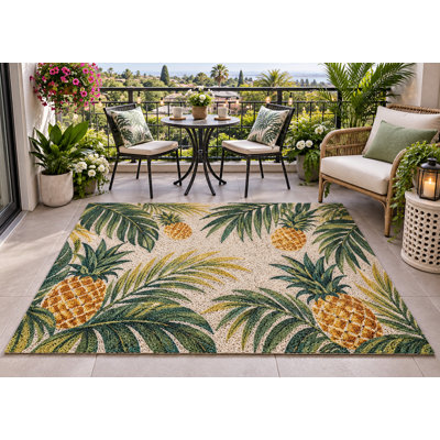 5' x 7' Outdoor Area Rug Pineapple Tropical Palm Leaves Heavyweight Solid Waterproof PVC Coil Loop Carpet, Heavy Duty Patio Rug, Quick Dry Indoor Outdoor Mat for Porch Deck Balcony Entryway