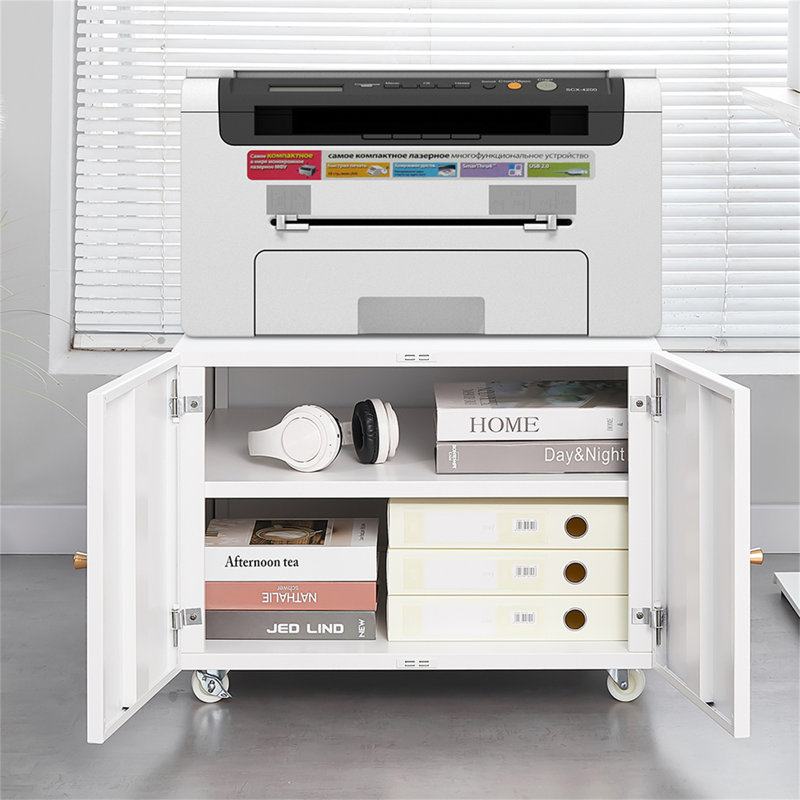 Support d'imprimante en métal blanc avec tables d'imprimante mobiles de rangement pour petits espaces avec porte-classeur réglable sur roulettes pour bureau à domicile.