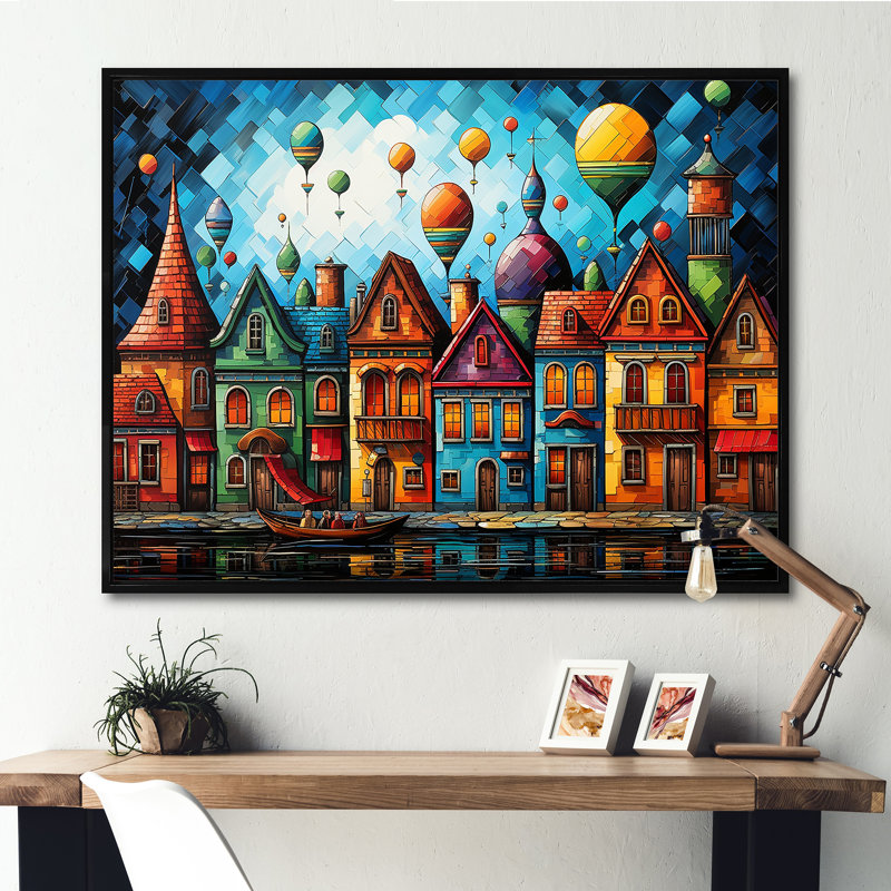 «Fantasy Air Ballon Village I», art mural en montgolfière, Cadre flottant noir, H 16 po x l 32 po x P 1 po