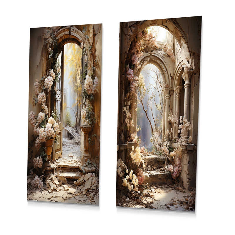Ancient Ruins Blooms II - Fantasy Metal Wall Art Living Room Set Of 2, 32" H x 32" W