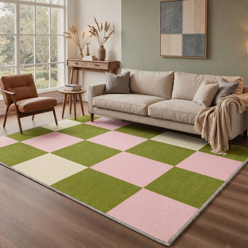 Tapis d'intérieur vert / beige / rose à motif damier lavable à la machine Aura, Rectangle 9' x 12'