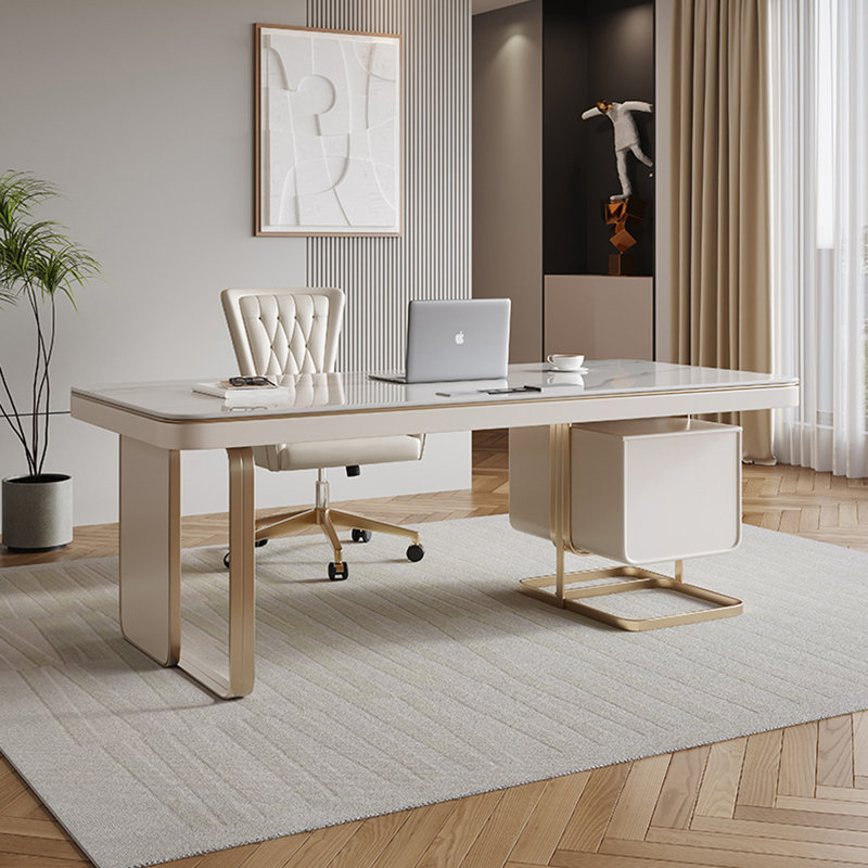 Bureau beige / blanc + fritté rectangulaire doré + bois manufacturé + bureau en acier inoxydable avec 3 tiroirs