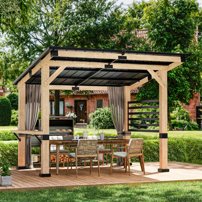 12 Ft. x 10 Ft. Solid Wood Patio Gazebo with Privacy Curtains
