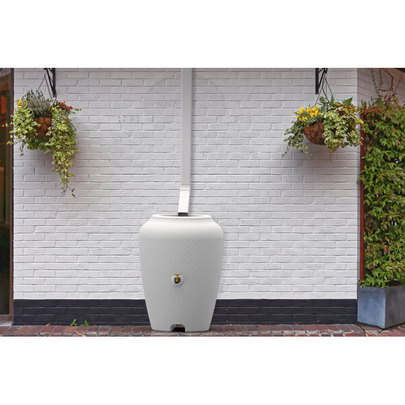 Wicker Texture 50 Gallon Rain Barrel for Water Storage, White Sand