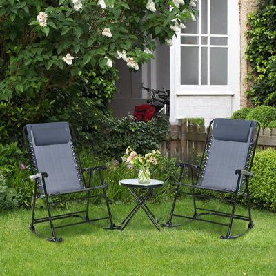3 Piece Outdoor Rocking Chair , Patio Folding Table With Round Glass Coffee For Backyard, Grey Deck Chairs And Tempered