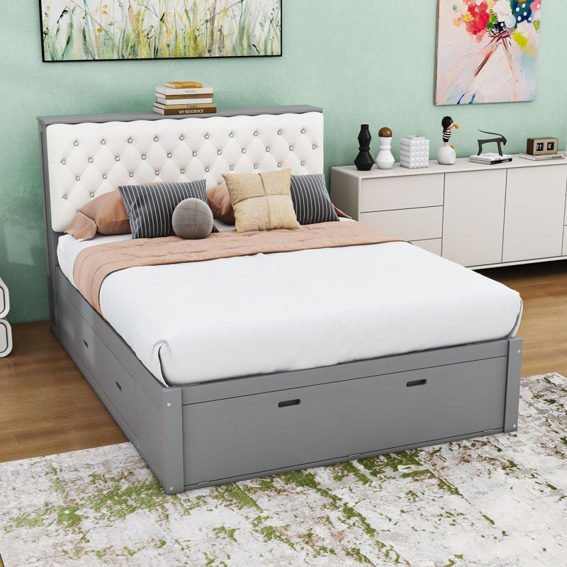 Grand lit plateforme en bois avec tablettes de rangement intégrées, tiroirs et range-chaussures, Gris
