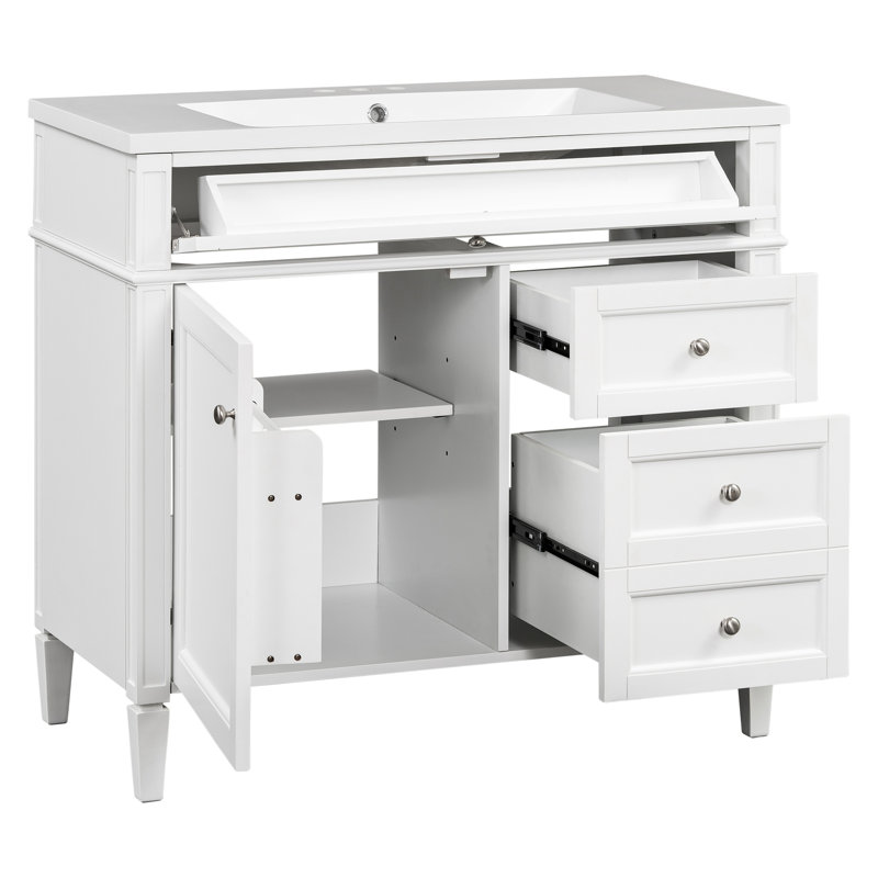 Meuble-lavabo moderne de 36 po avec lavabo rectangulaire, bois massif et armoire, tiroir basculant, diverses fonctions de rangement pour une armoire à miroir bien rangée 6 tablettes ouvertes