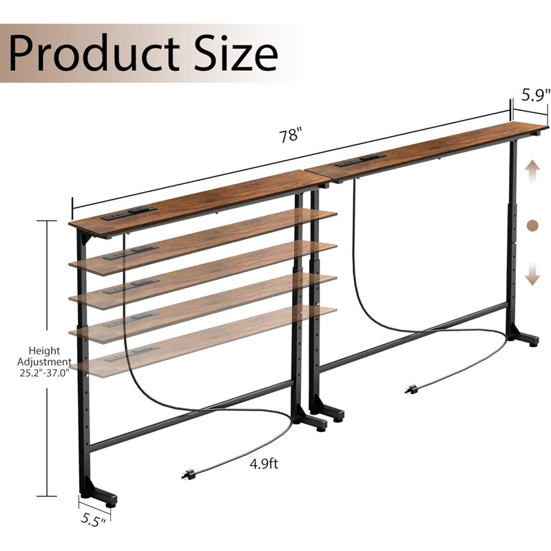 Adjustable Height Lift Top Console Table with Power Hub & USB Ports, Narrow Sofa Table for Home Office Entryway Living Room