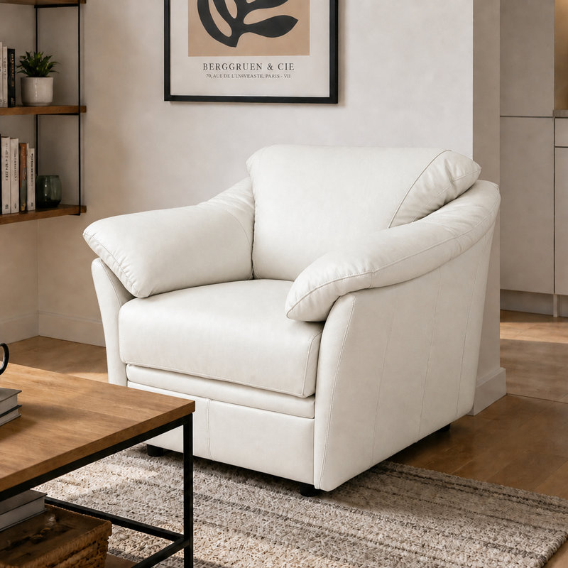 Ramdev Top Grain Leather Chair with Cushioned Back and Pillow Top Arm, White, 34" H x 39" W x 36" D