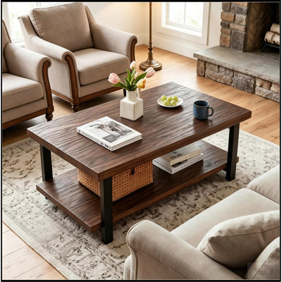 100% All‑Solid‑Wood Farmhouse Rustic Rectangle Coffee Table, Living Room Coffee Table with Open Storage Shelf, Heavy‑Duty Home Furniture