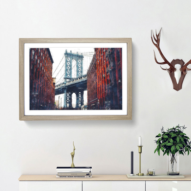George Washington Bridge - Picture Frame Graphic Art Print, 62cm H x 87cm W x 2cm D, Oak Framed