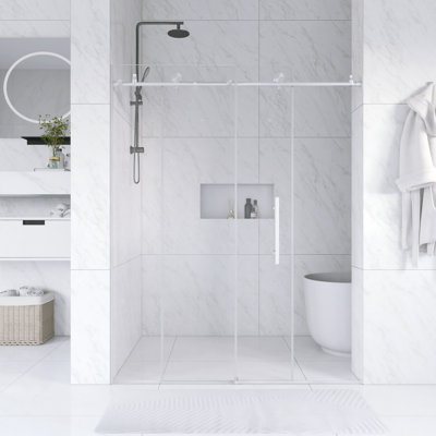 56 In. -60 In. W × 76  In. H Frameless Shower Door With 1/4"Clear  Tempered Glass In Brushed Nickel |  Explosion Proof Film |   Stainless Steel Handle