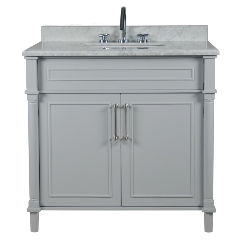 36” Single Vanity With White Carrara Marble Top, Light Gray