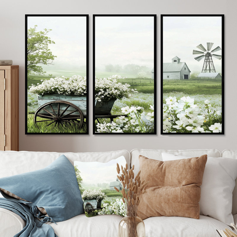 Ensemble de salon à la ferme avec fleurs blanches et vertes I - Farm Farm Wall Wall, Toile avec cadre flottant noir