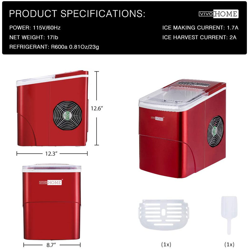 Machine à glaçons autoportante 26 lb, Rouge