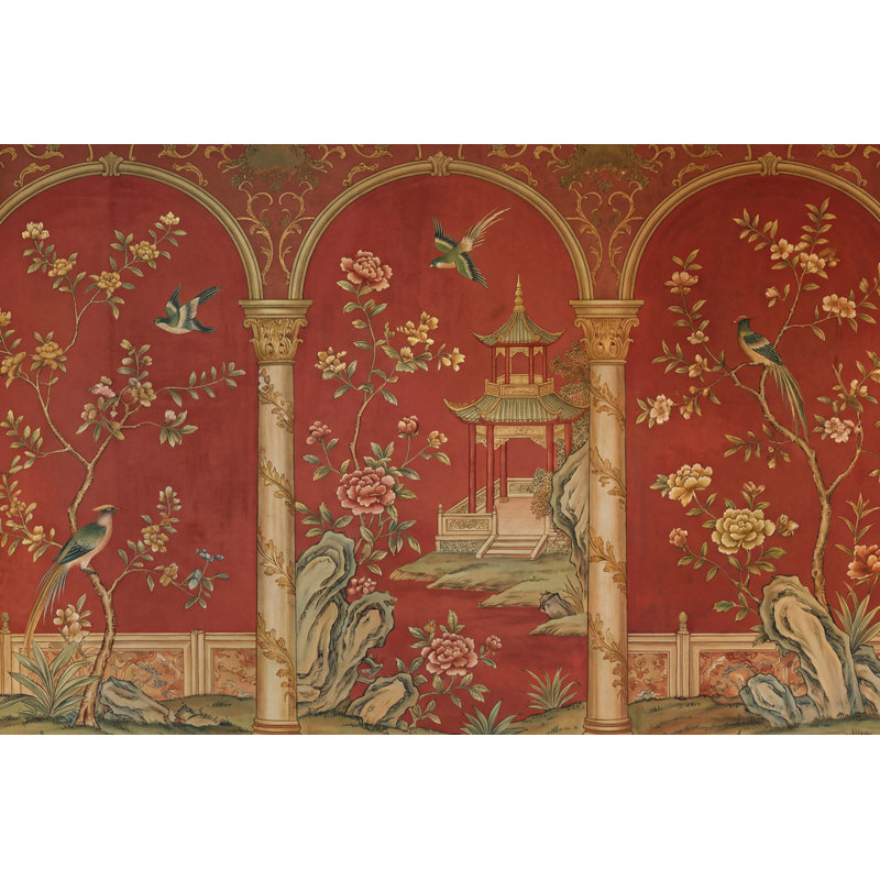 Papier peint chinois Pavillon de pagodes sur fond rouge, Texturé non collé, 120 po x 96 po