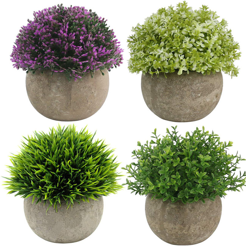 4pcs Mini Plastic Artificial Plants Grass In Pot