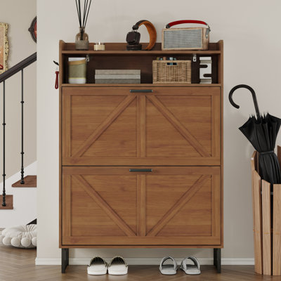 Armoire de rangement pour chaussures 20 paires avec 2 tiroirs rabattables, 2 tablettes réglables et crochets latéraux