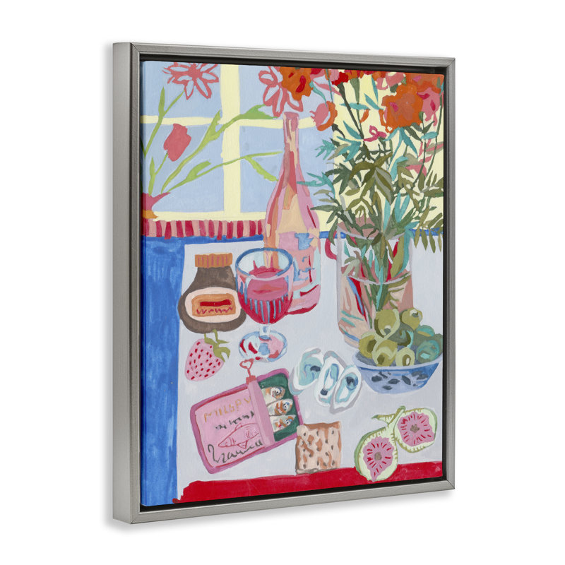 Red & Blue Table Setting Floating Frame, design by Melissa Wang, 21" H x 17" W, Luster Gray Floater Frame